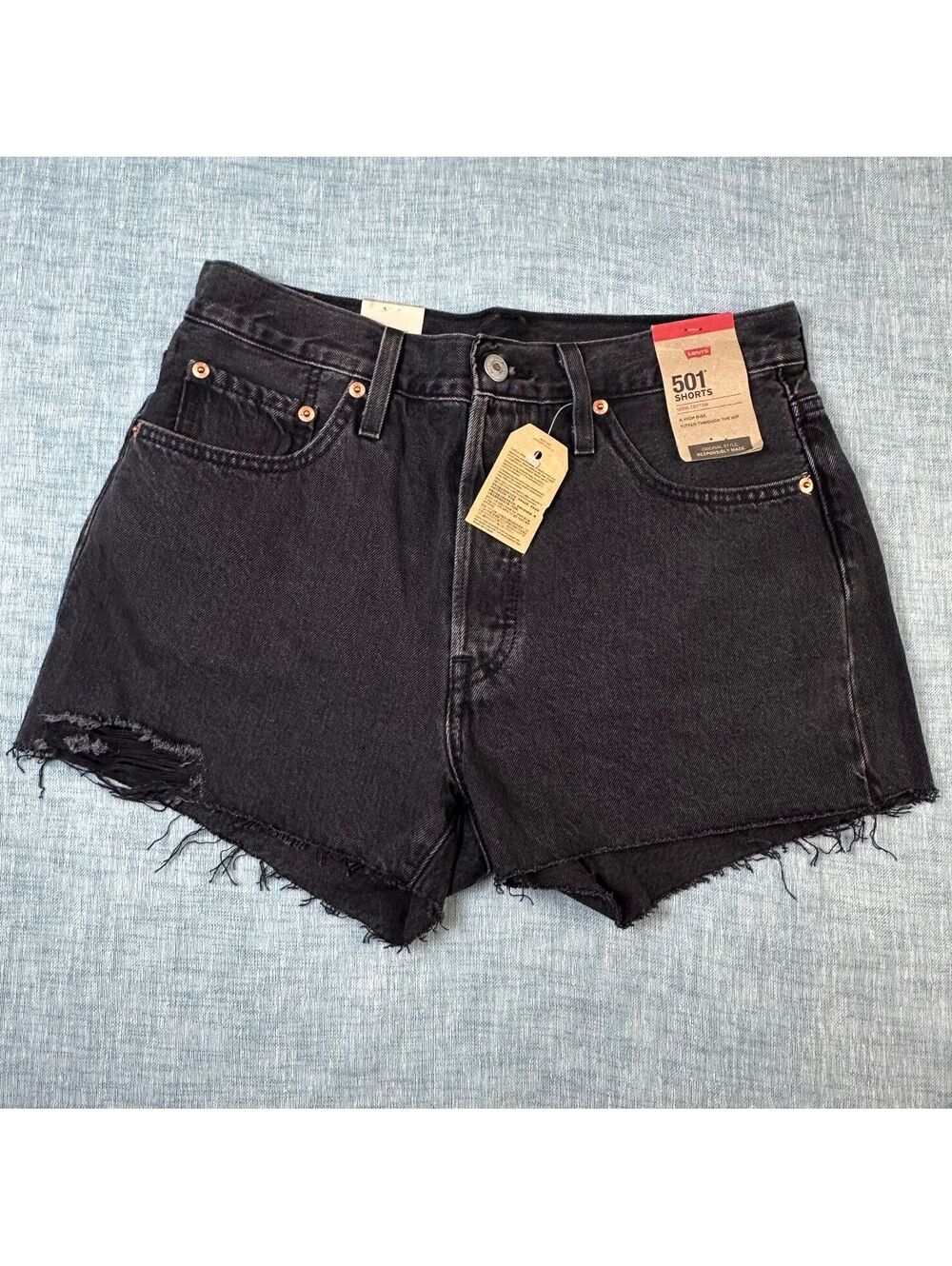 Levi's 501 Shorts Women's Sz 29 High Rise Black Denim Distressed Cutoff